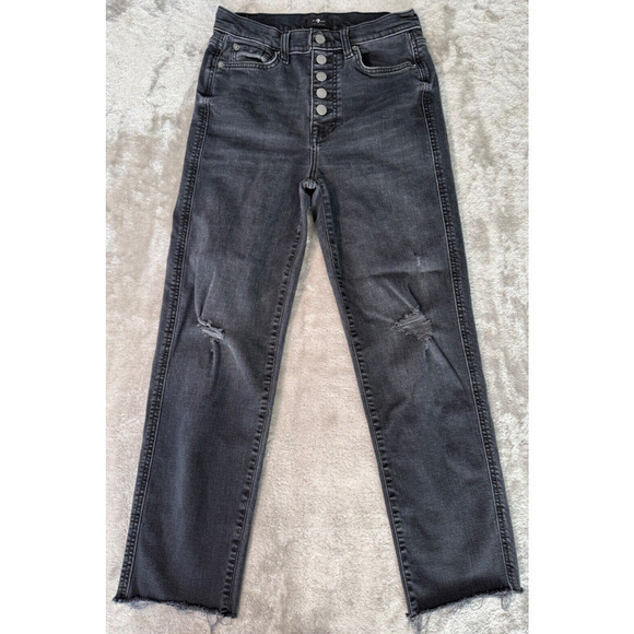 7 For All Mankind High Waist Black Denim Distressed Cropped Jeans Measures 26 - Picture 1 of 7